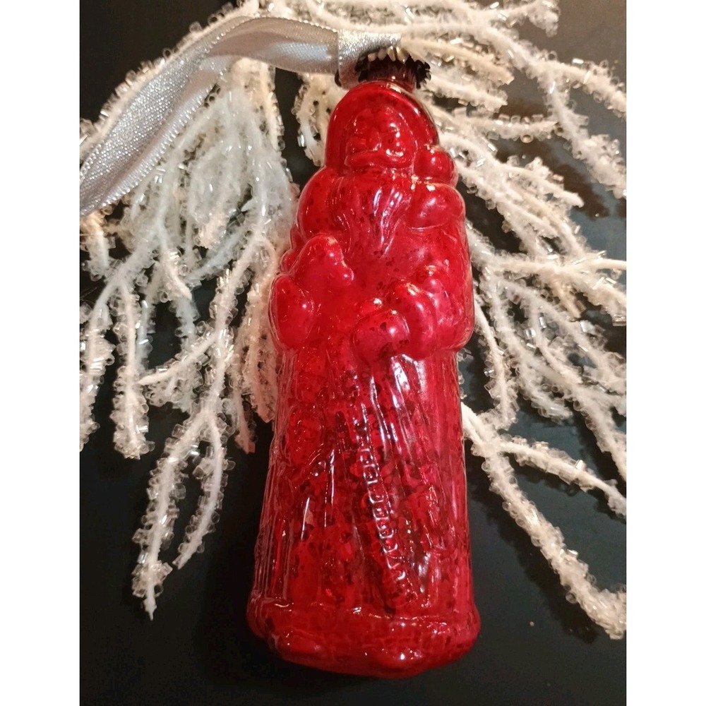 Vintage‎ Blown Red Glass Santa Holding A Tree Christmas Ornament